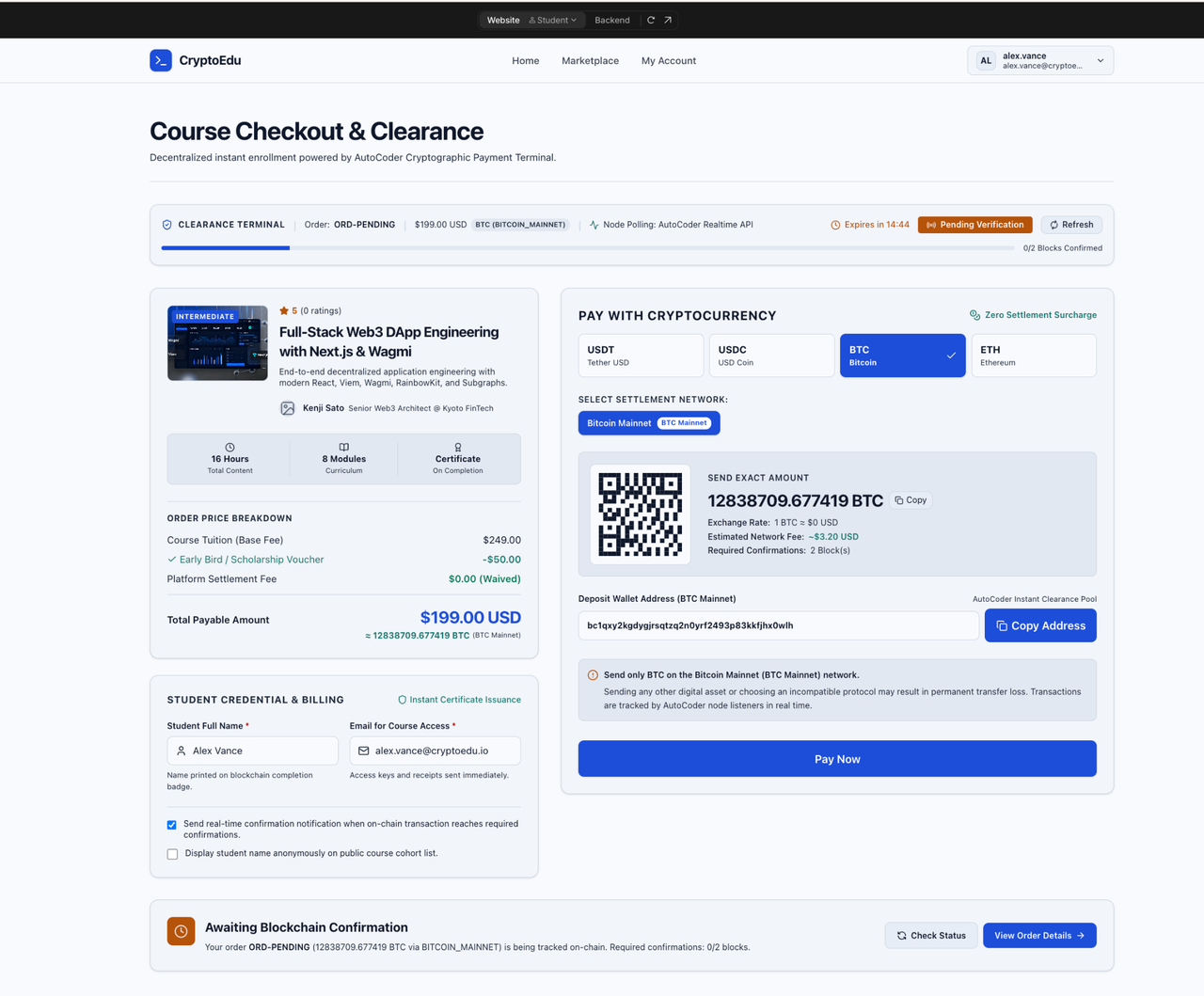 Cryptocurrency checkout page with USDT, USDC, BTC, and ETH asset selection, Bitcoin Mainnet settlement network, exact payment amount, QR code, deposit wallet address, and a pending blockchain confirmation banner