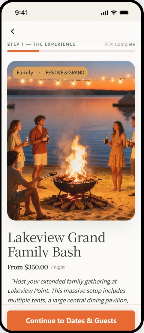 Camp Nights booking step one showing the Lakeview Grand Family Bash experience card priced from $350 per night