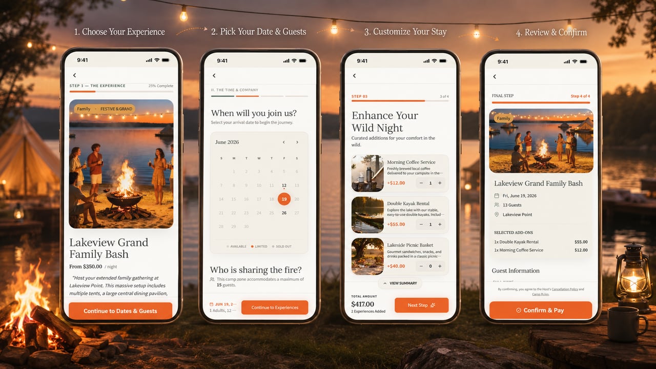 Four phone screens showing the Camp Nights booking journey — choose experience, pick date and guests, customize stay, and review and confirm