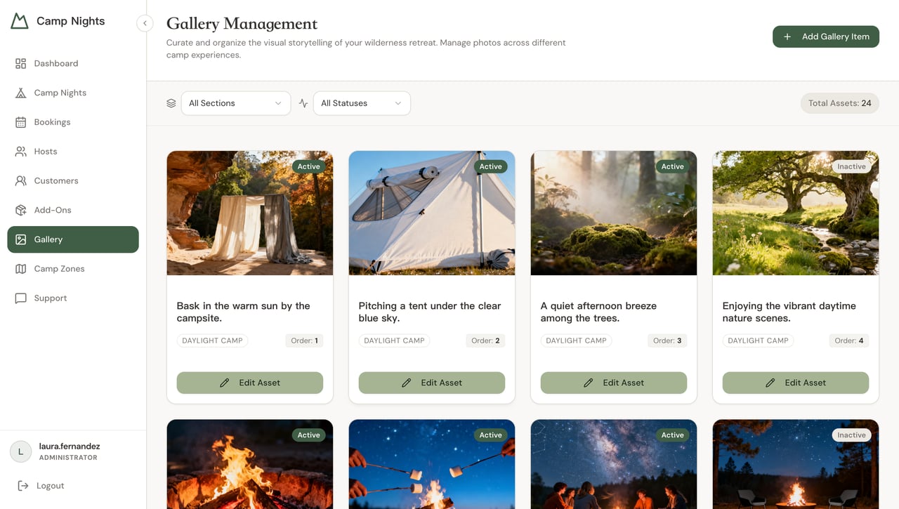 Camp Nights gallery management screen with a grid of campsite photos organized into daylight camp and nighttime scenes