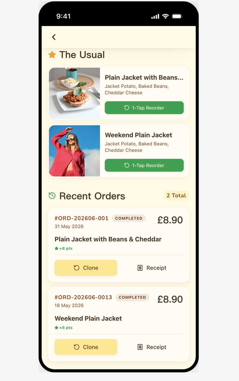 The Usual screen with one-tap reorder buttons and a list of recent completed orders