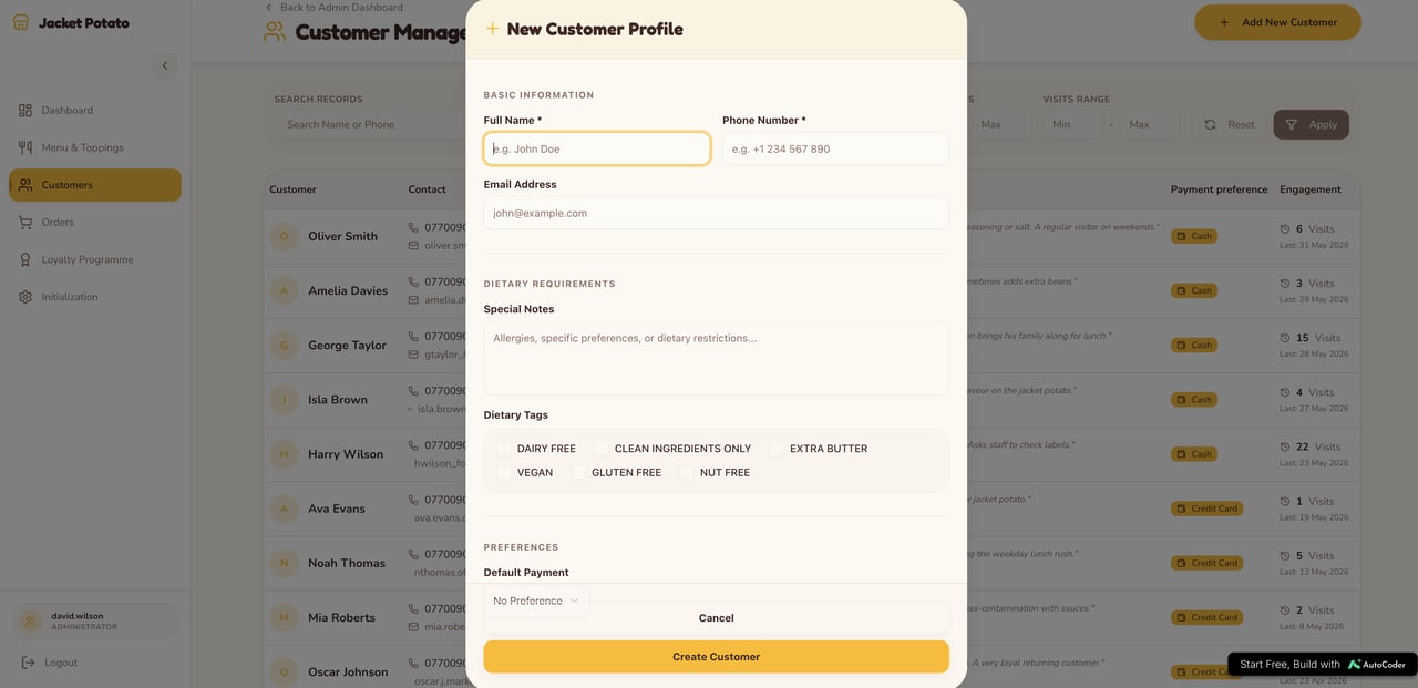 New customer profile modal with structured fields for contact info, dietary tags, and payment preference