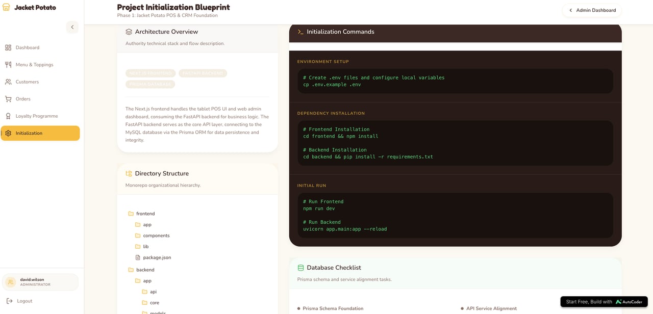Project initialization blueprint showing architecture overview, directory structure, and an initialization checklist