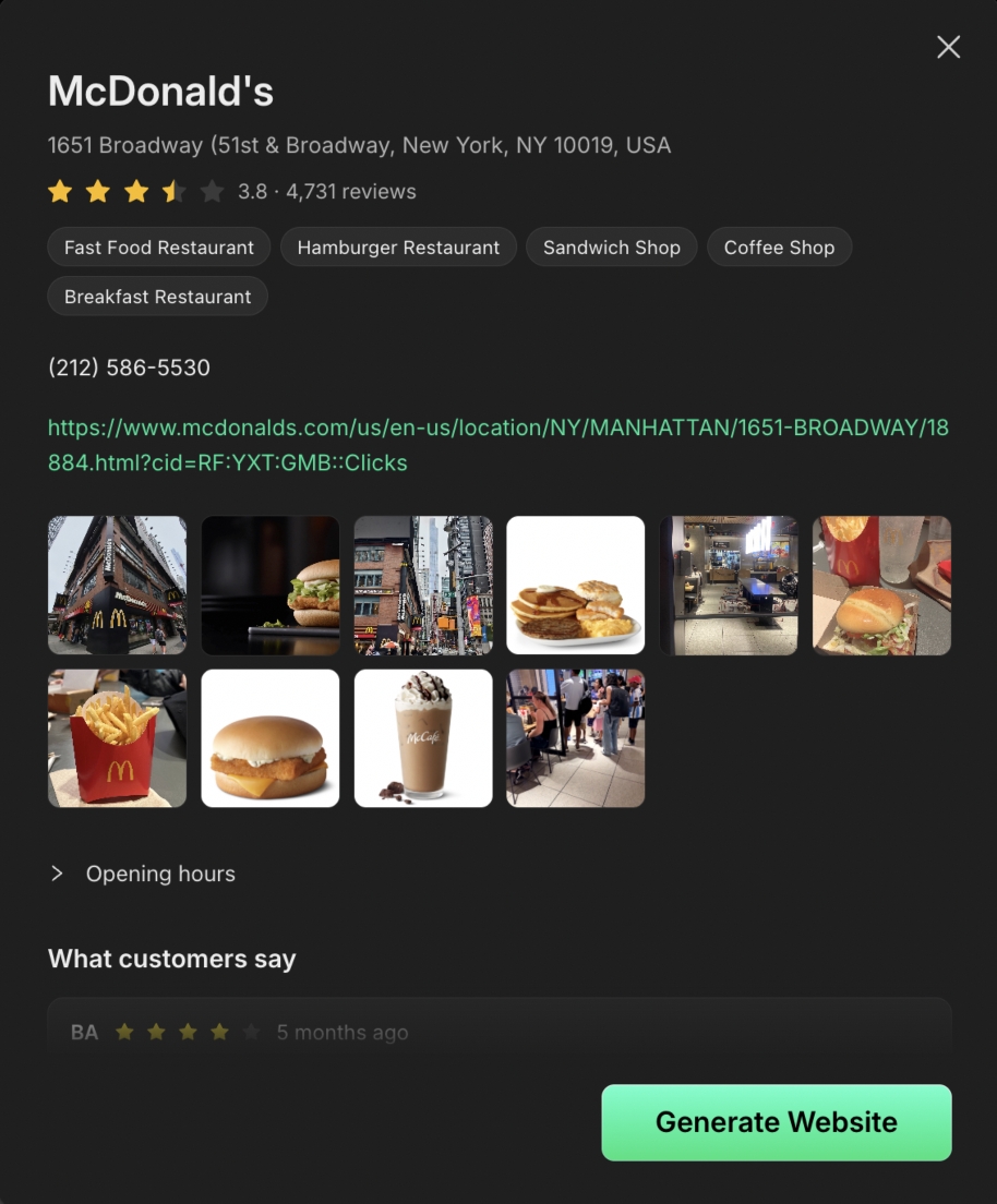 What We Got preview panel for a McDonald's listing showing the address, rating, categories, phone number, website link, photos, opening hours, and customer reviews