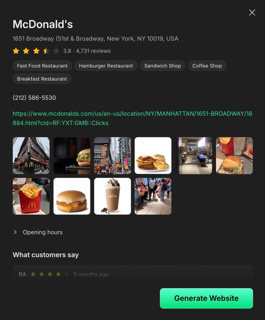 What We Got preview panel for a McDonald's listing showing the address, rating, categories, phone number, website link, photos, opening hours, and customer reviews