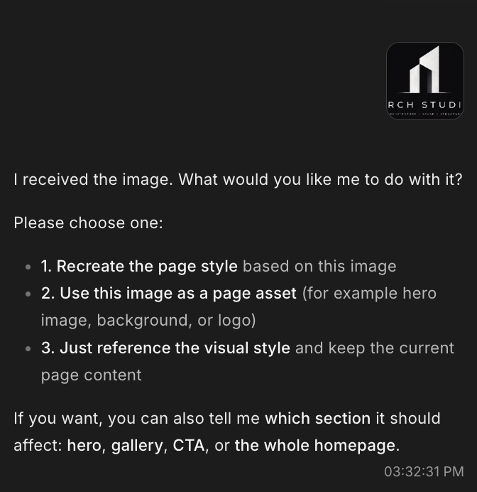 AutoCoder chat reply asking what to do with an uploaded image, offering three options: recreate the page style, use it as a page asset, or reference the visual style