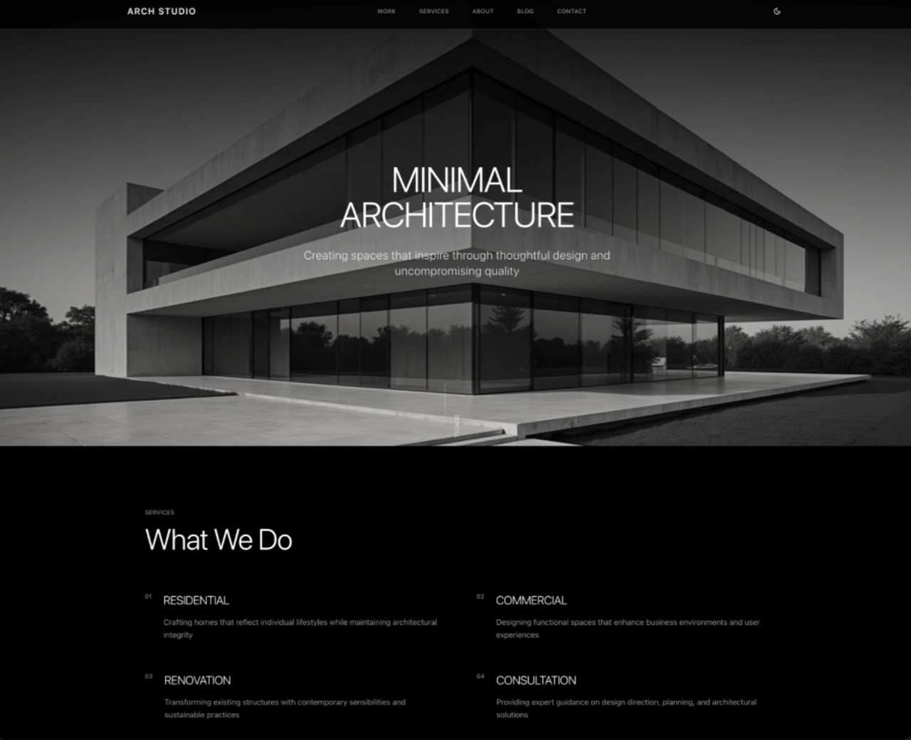 Emily Carter's original black-and-white MINIMAL ARCHITECTURE design with a hero shot and What We Do service blocks, uploaded as a style reference