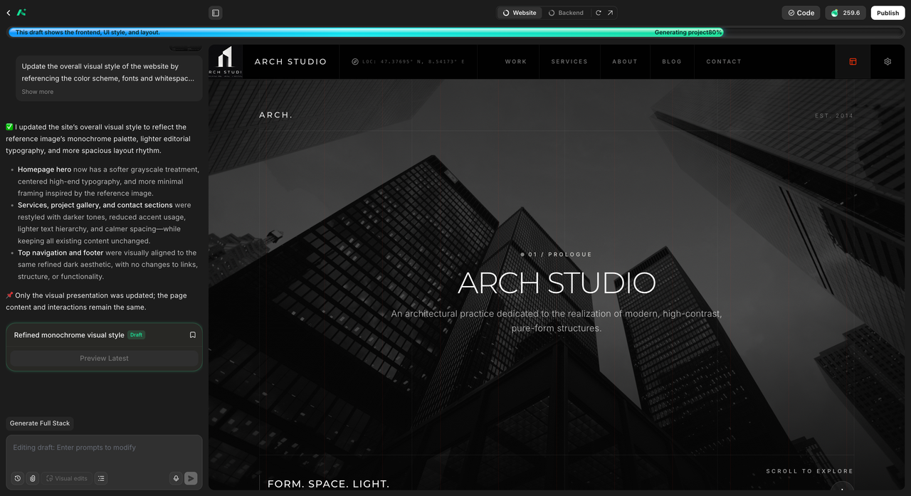 ARCH STUDIO homepage in AutoCoder after the style reference, with softer grayscale, lighter editorial typography, and airier whitespace