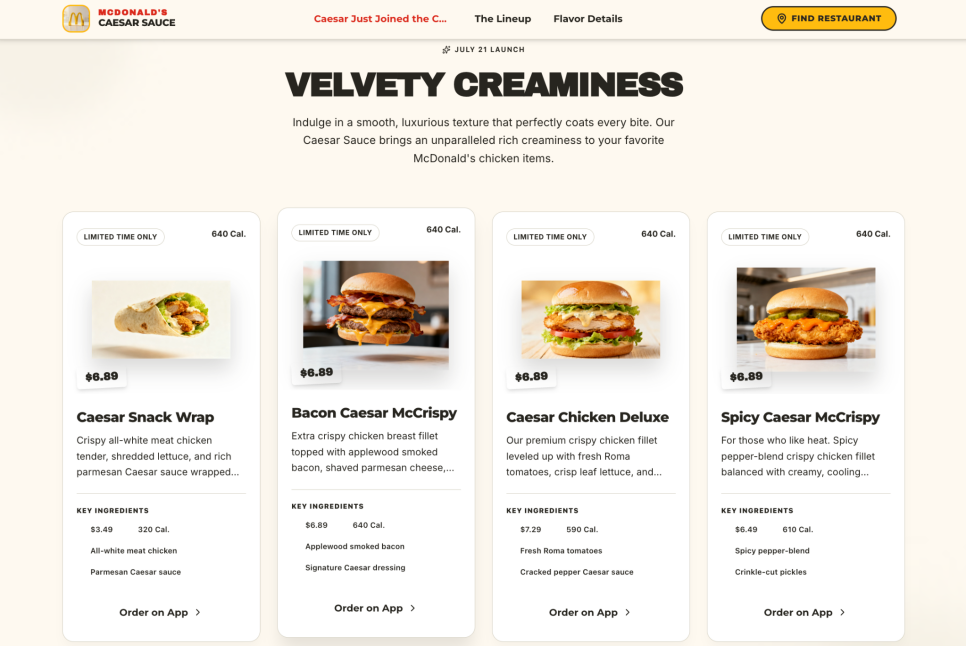 Generated product lineup section showing four Caesar Sauce menu items as cards with pricing, key ingredients, and ordering actions