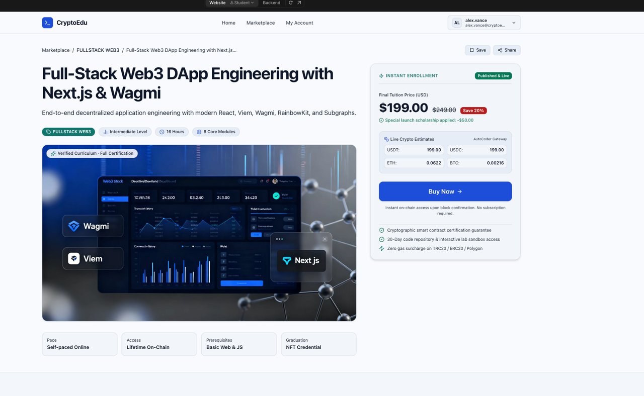 Course purchase panel on an AutoCoder-generated site showing a $199 USD price with live USDT, USDC, BTC, and ETH estimates and a Buy Now button
