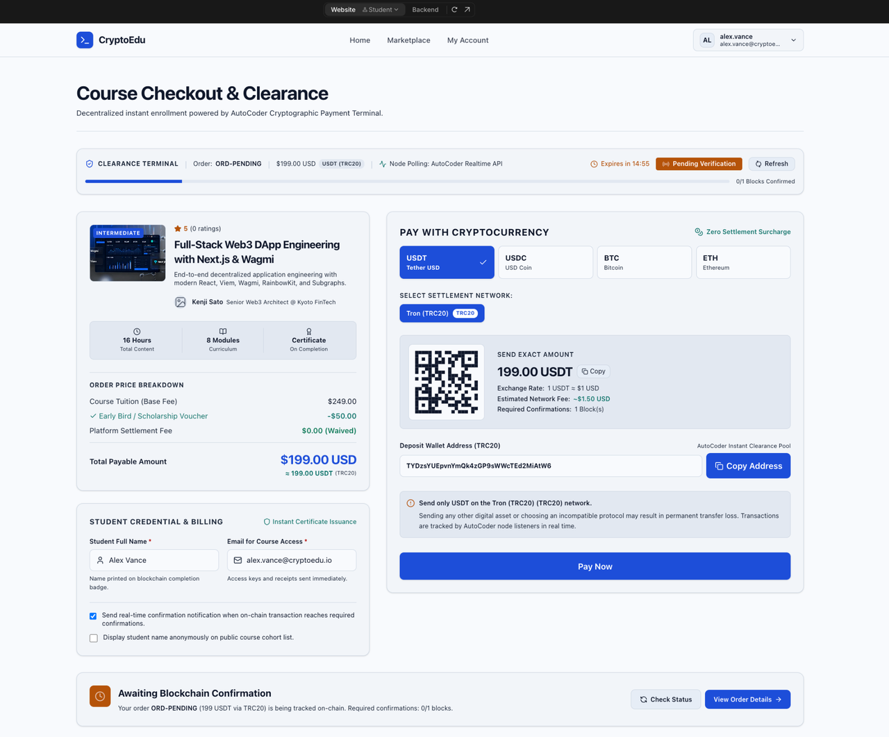 Crypto checkout page with asset selector, TRC20 network selection, exact USDT amount, QR code, deposit address, and a pending blockchain confirmation banner