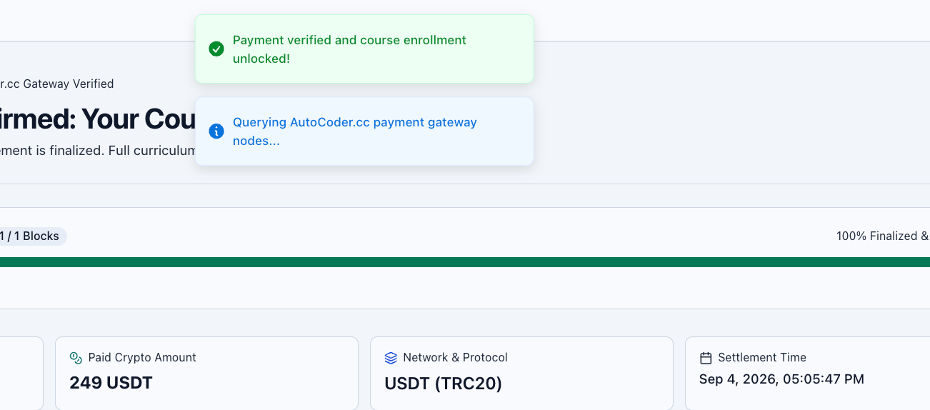 Payment confirmation screen showing 'Payment verified and course enrollment unlocked', 249 USDT paid on USDT TRC20, and the settlement time