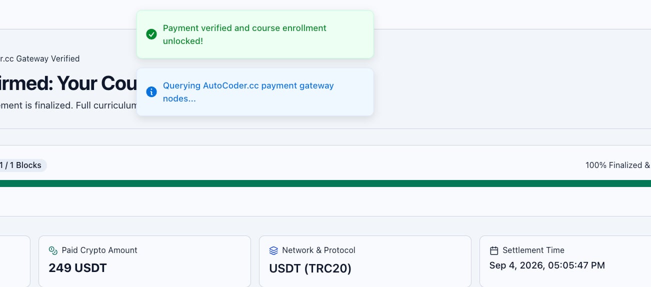 Payment confirmation screen showing 'Payment verified and course enrollment unlocked', 249 USDT paid on USDT TRC20, and the settlement time