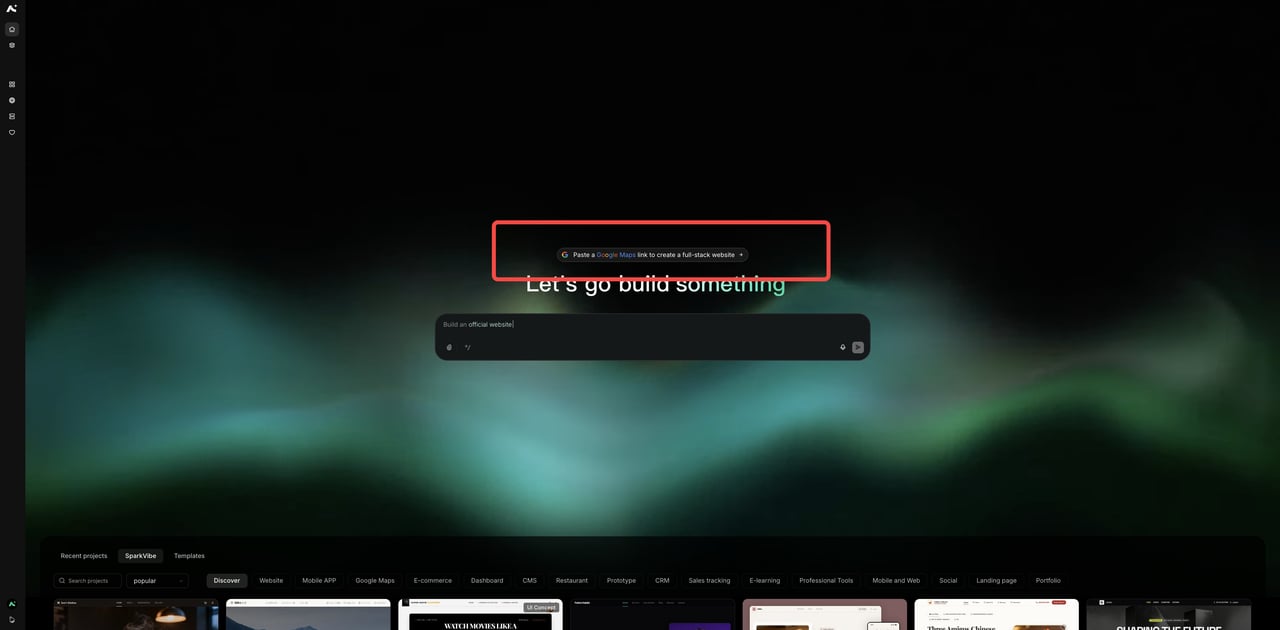 AutoCoder homepage with the Paste a Google Maps link to create a full-stack website button highlighted above the prompt input box