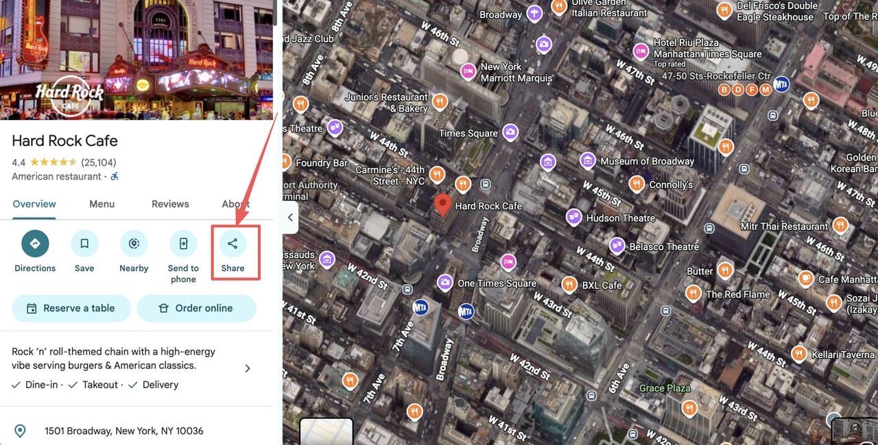 Google Maps listing for Hard Rock Cafe with the Share button highlighted in the action row