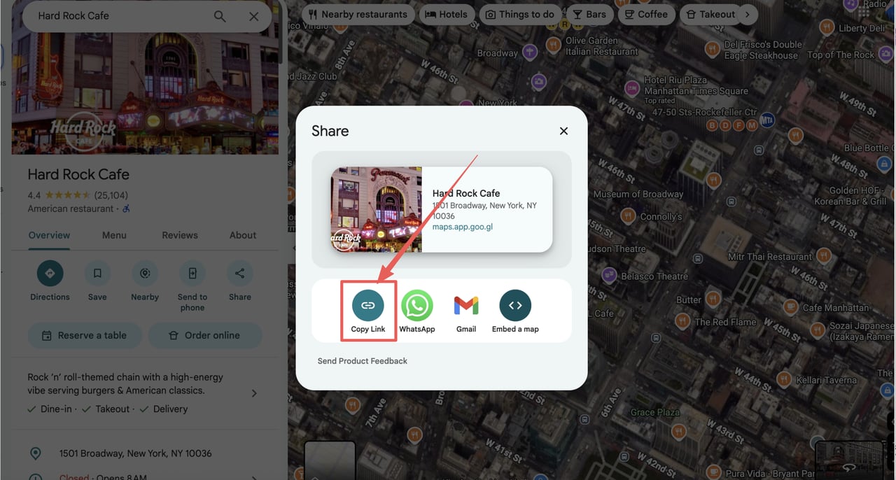 Google Maps Share dialog for Hard Rock Cafe with the Copy Link button highlighted