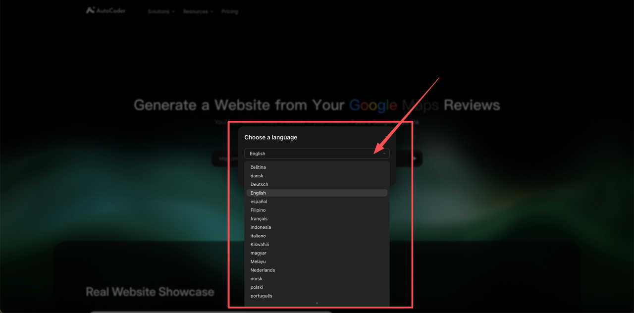 Choose a language dropdown on the Google Maps Website Generator listing options such as English, español, français, and Deutsch