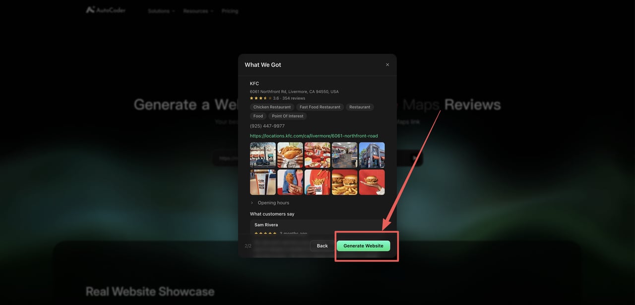 What We Got preview panel for a KFC listing showing address, rating, categories, phone number, photos, opening hours, and customer reviews, with the Generate Website button highlighted