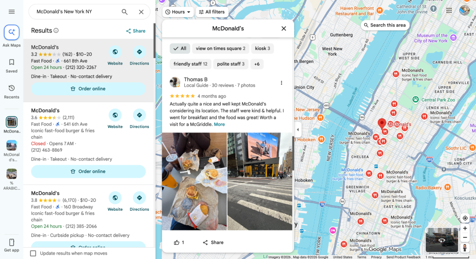 Google Maps search results for McDonald's locations in New York with a selected listing showing reviews and photos