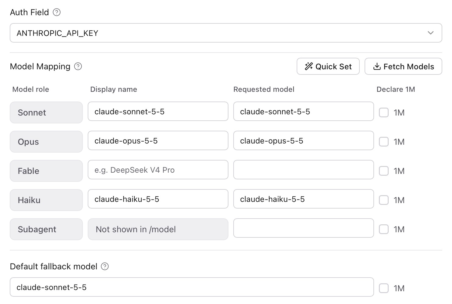 CC Switch Model Mapping with Claude model IDs filled in