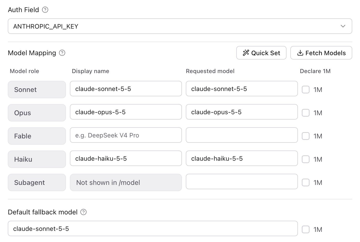 CC Switch Model Mapping with Claude model IDs filled in