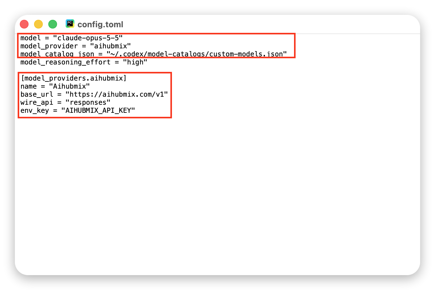 Config model_catalog_json et fournisseur aihubmix dans config.toml