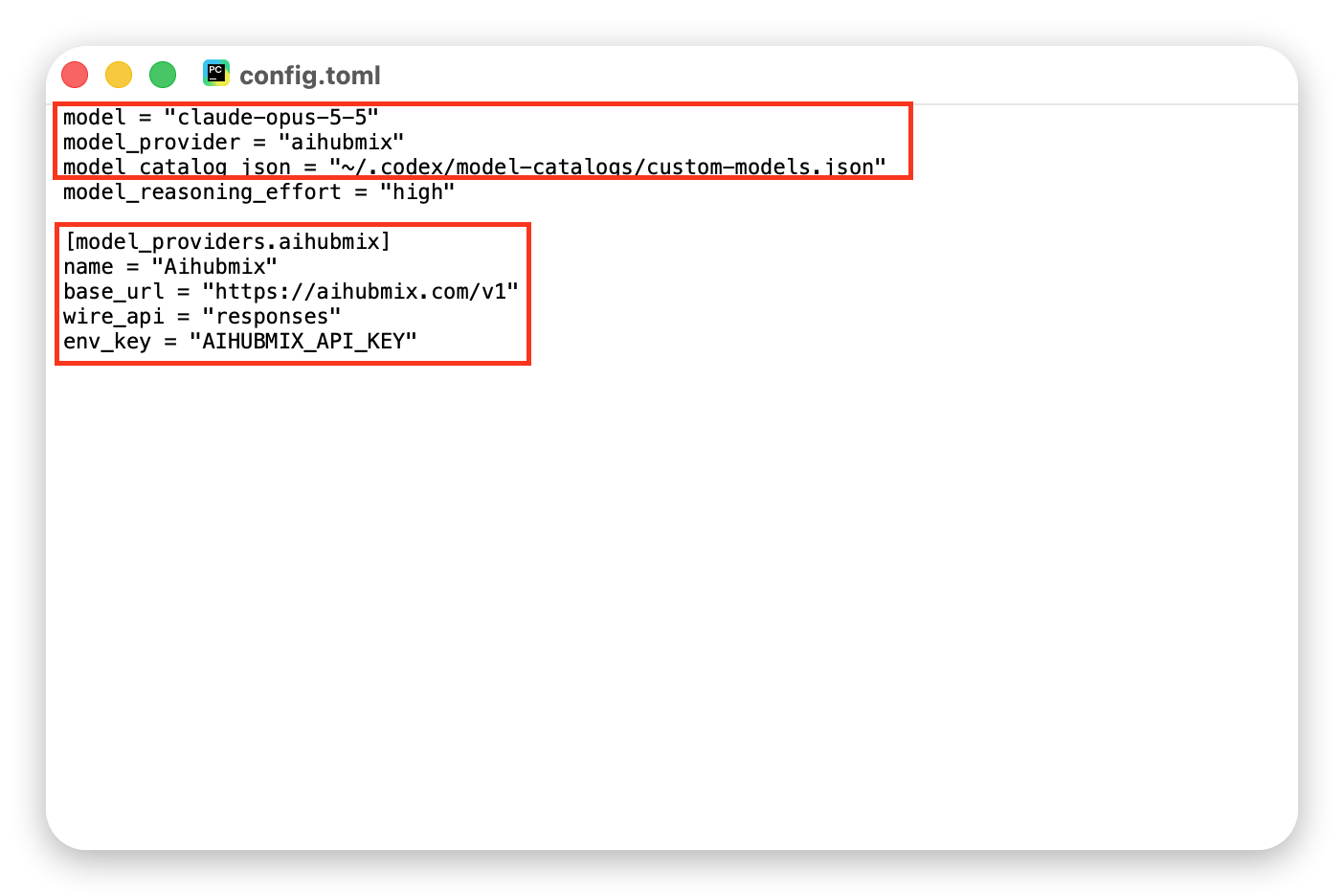 Config model_catalog_json et fournisseur aihubmix dans config.toml