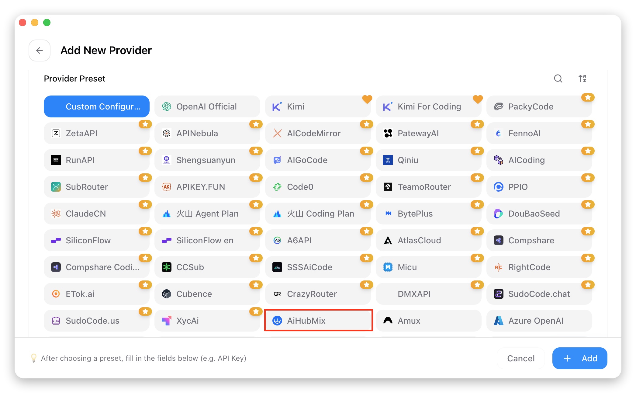 Sélection d'AiHubMix dans la liste de préréglages CC-Switch
