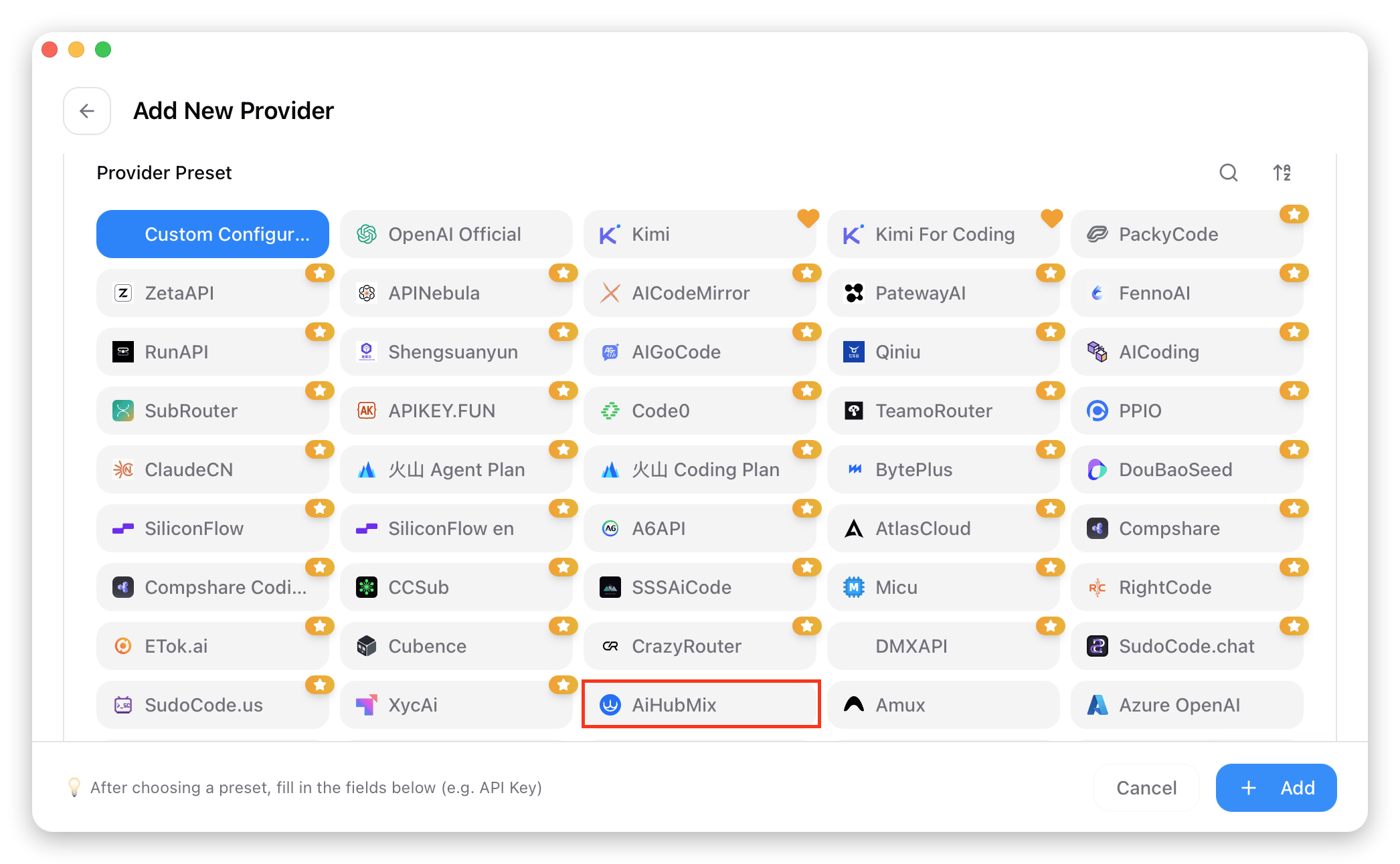 Sélection d'AiHubMix dans la liste de préréglages CC-Switch