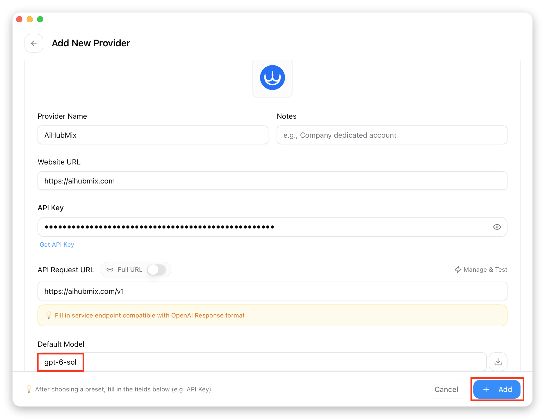 Saisie de la clé API et enregistrement dans CC-Switch