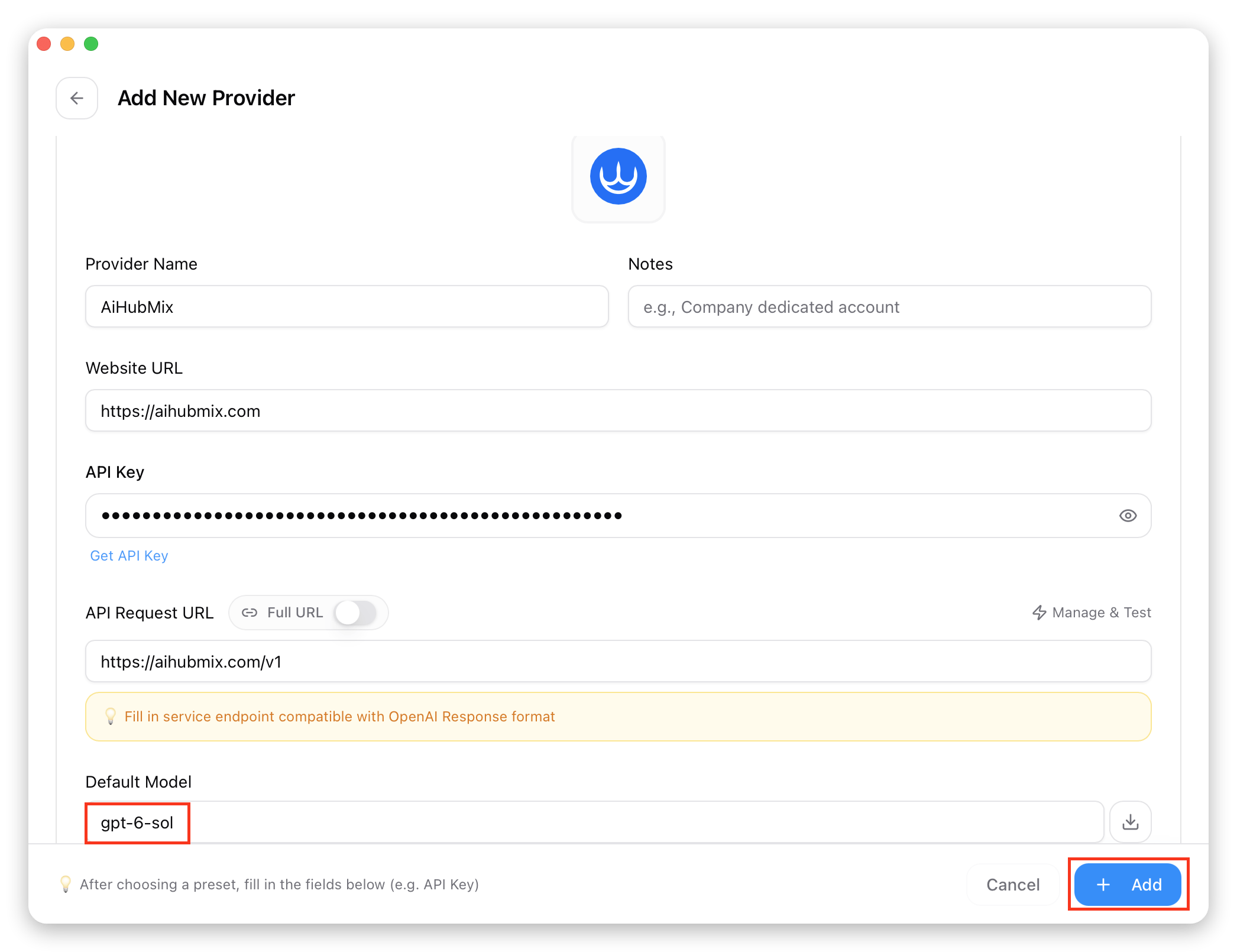 Saisie de la clé API et enregistrement dans CC-Switch