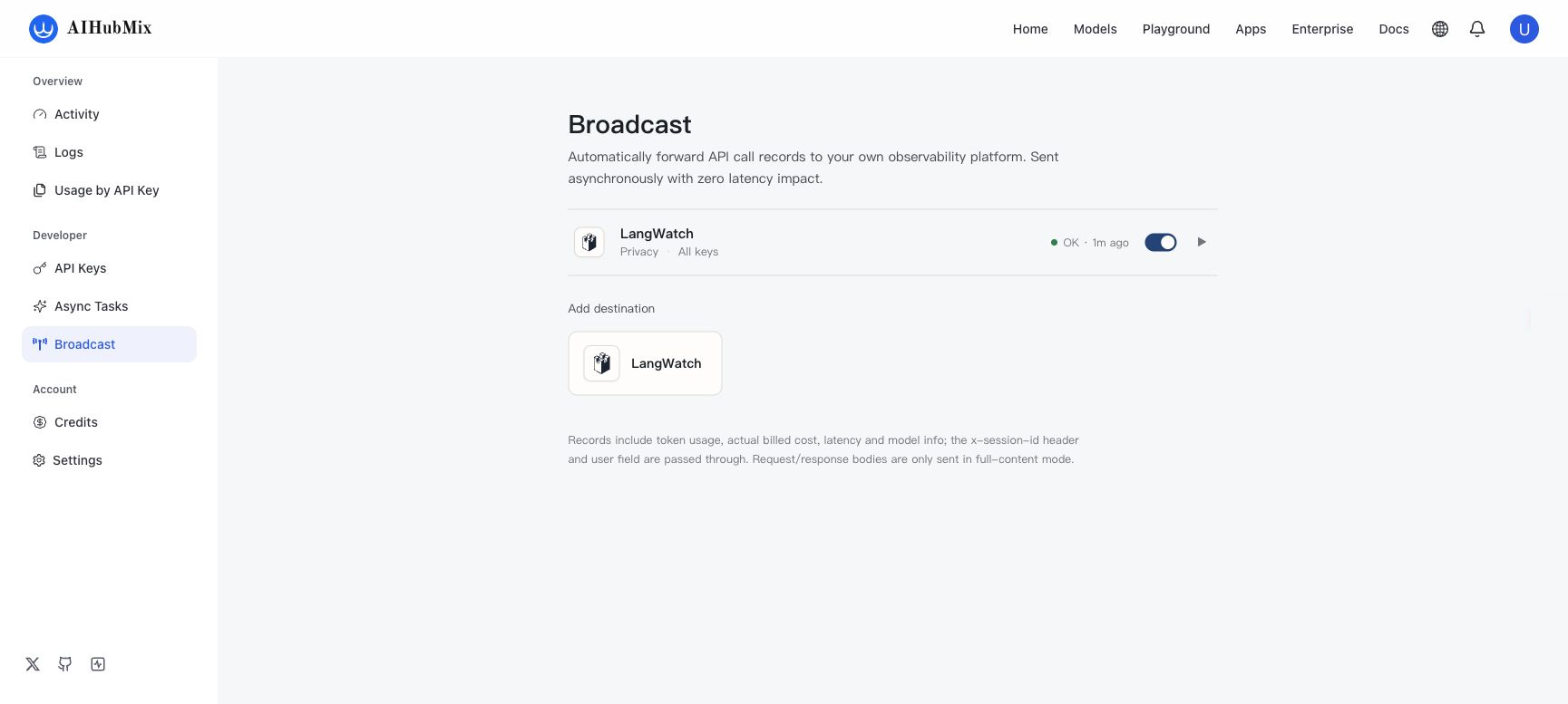 Destino LangWatch na página AIHubMix Broadcast