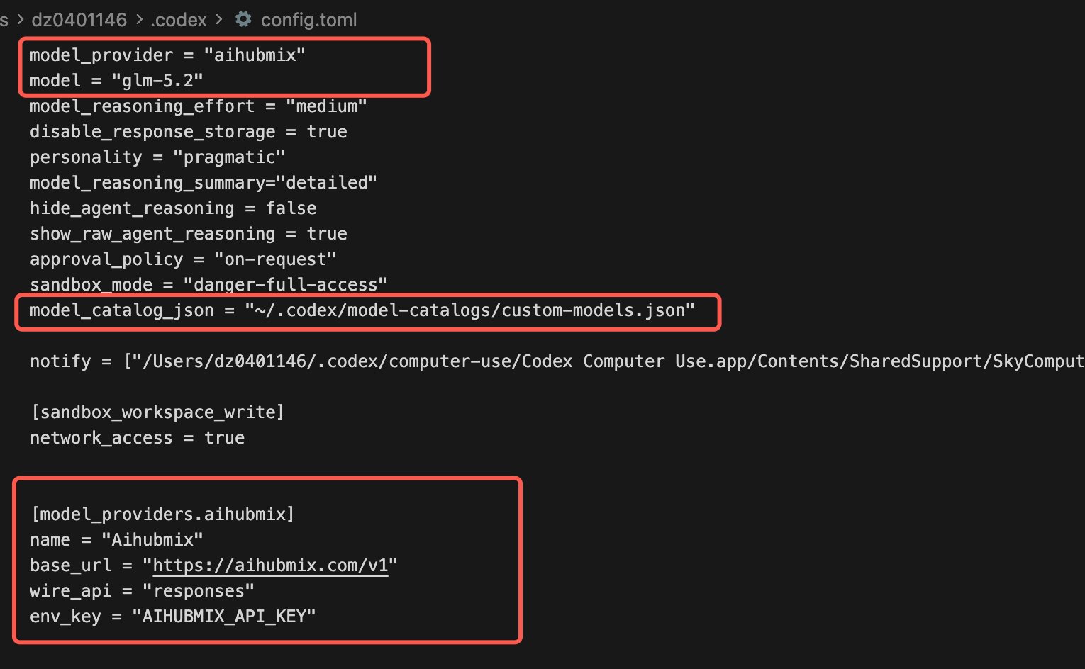 config.toml 中 model_catalog_json 與 aihubmix provider 設定