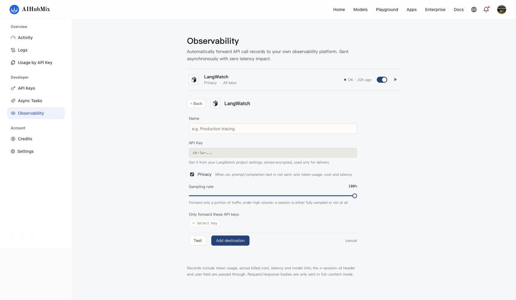 AIHubMix 的 LangWatch 目的地配置表单