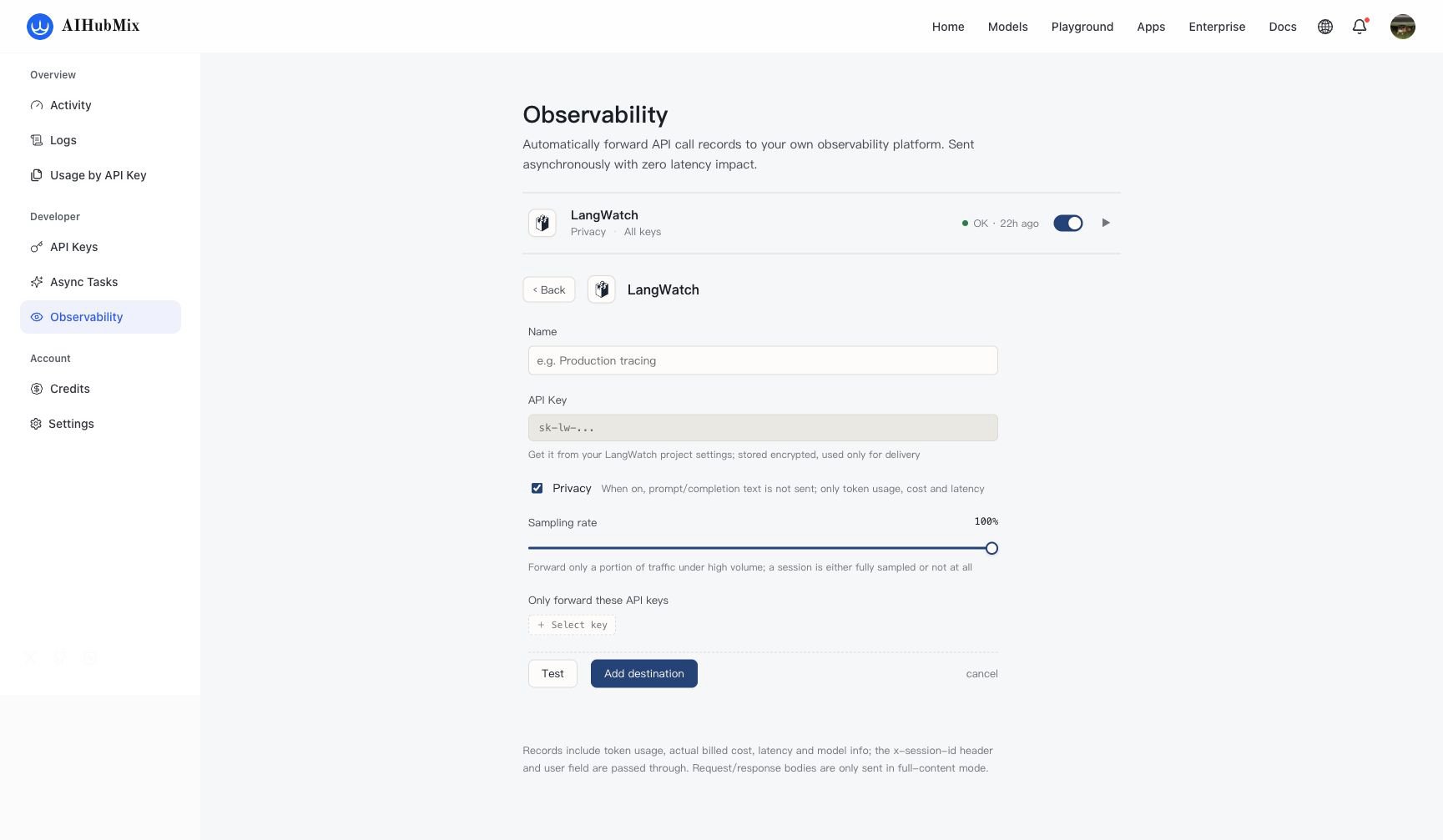 AIHubMix 的 LangWatch 目的地配置表单