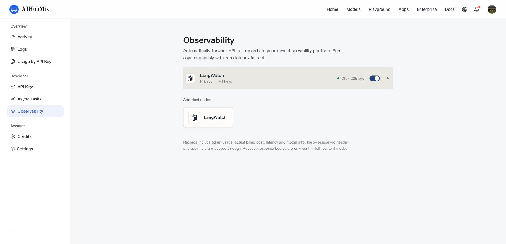 AIHubMix Observability 页面中的 LangWatch 目的地