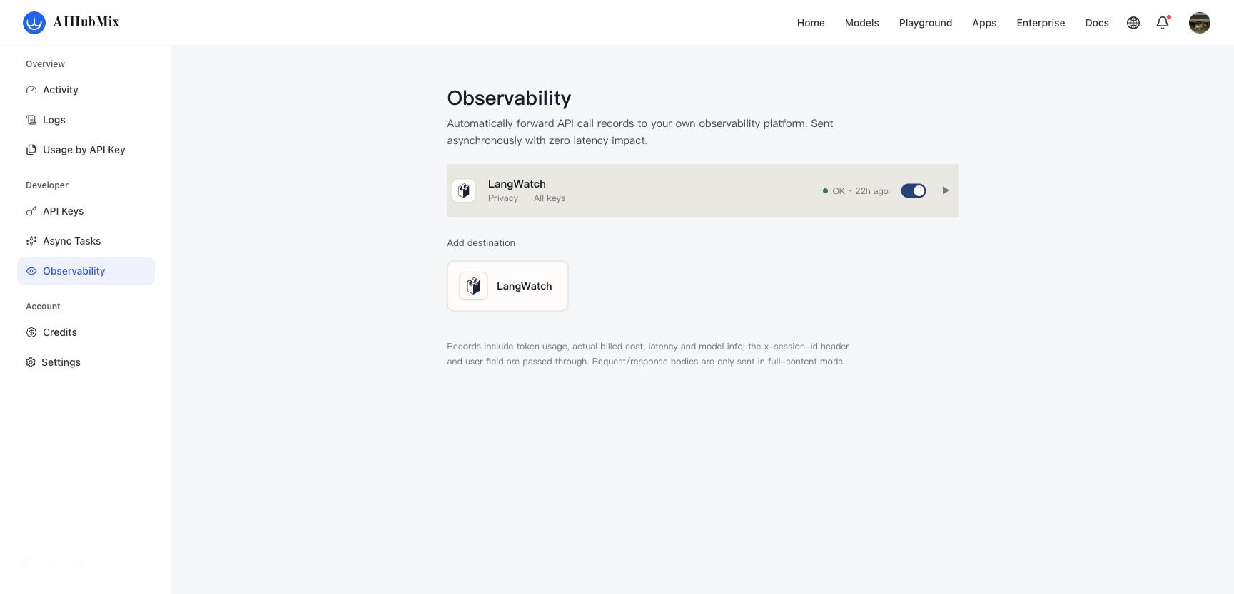 AIHubMix Observability 页面中的 LangWatch 目的地