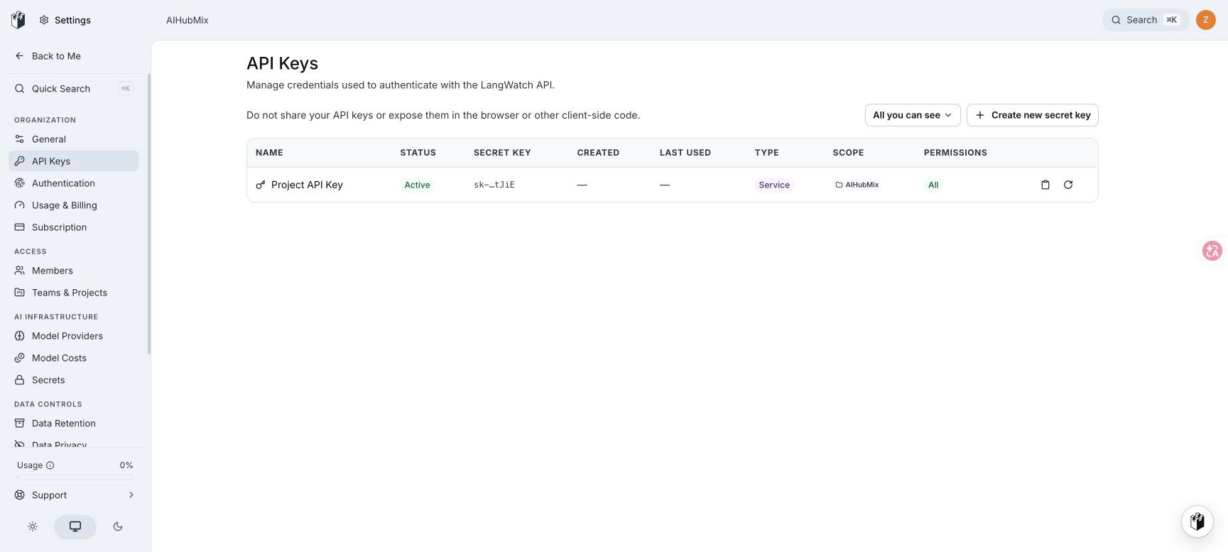 LangWatch Settings 页面中的 Project API Key