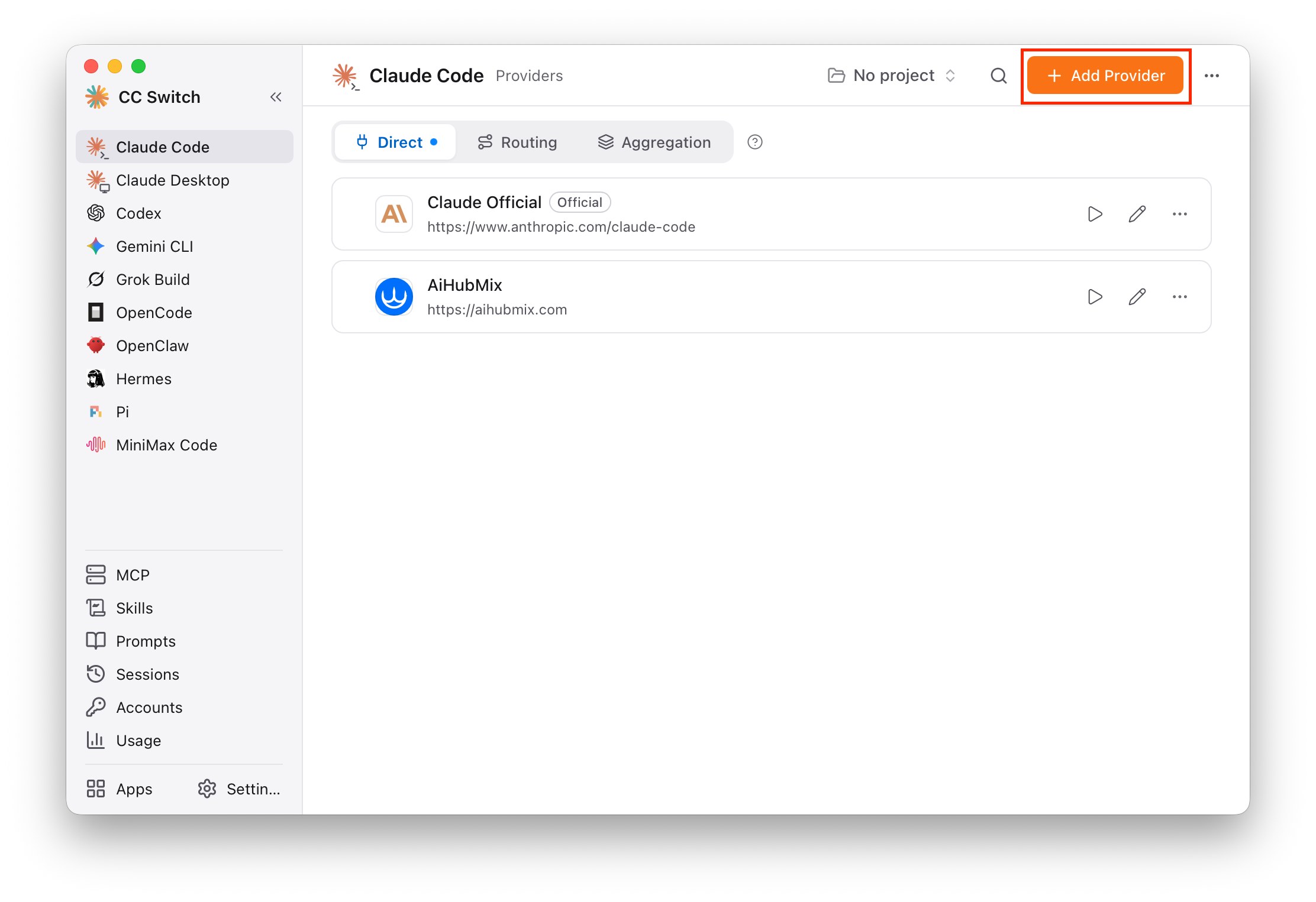 CC Switch homepage showing the Add Provider button
