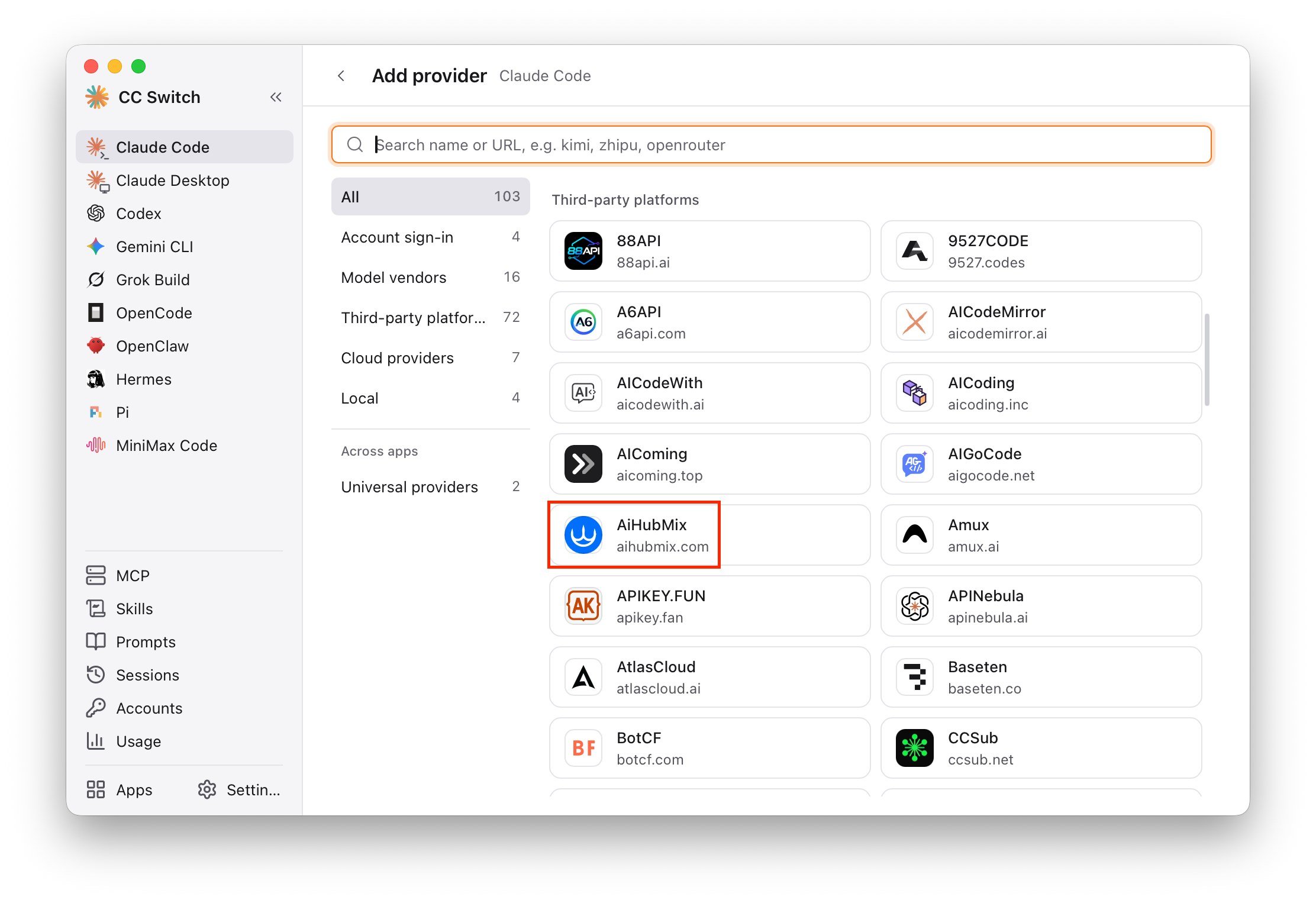 CC Switch provider list with AiHubMix selected