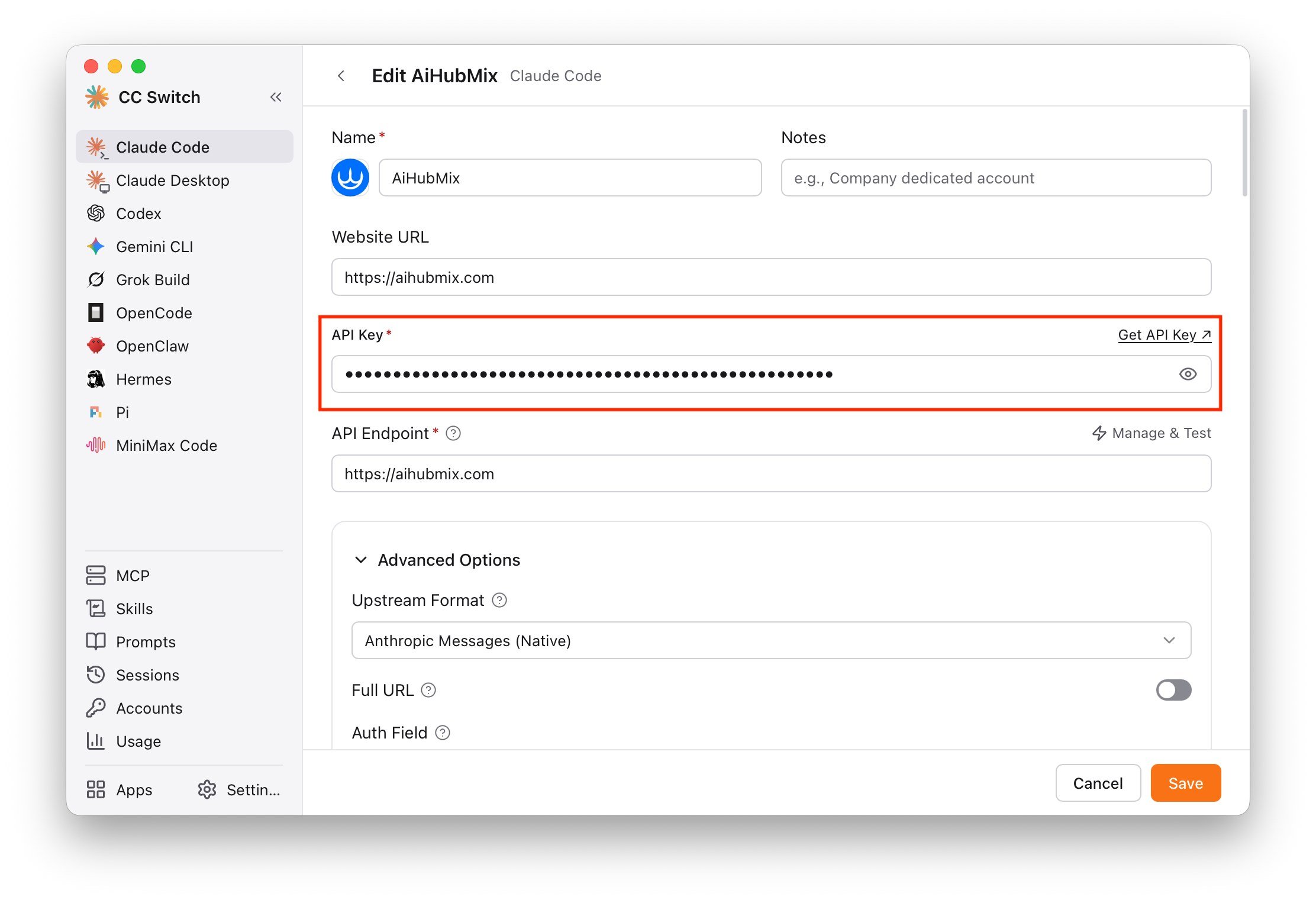 CC Switch AiHubMix configuration form with API Key field