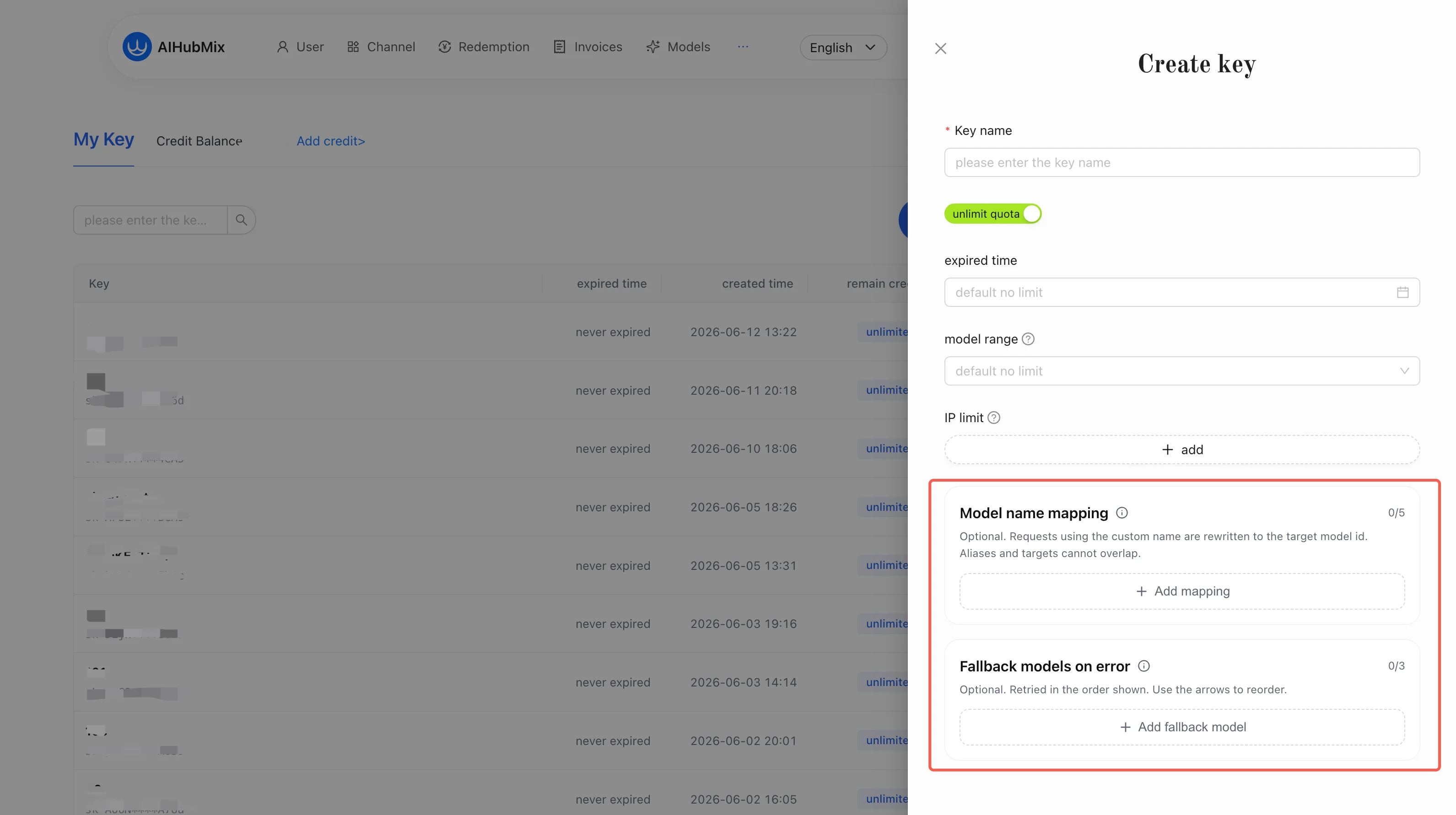 Configuración del mapeo de nombres de modelo y del fallback en el panel de creación de key de AIHubMix
