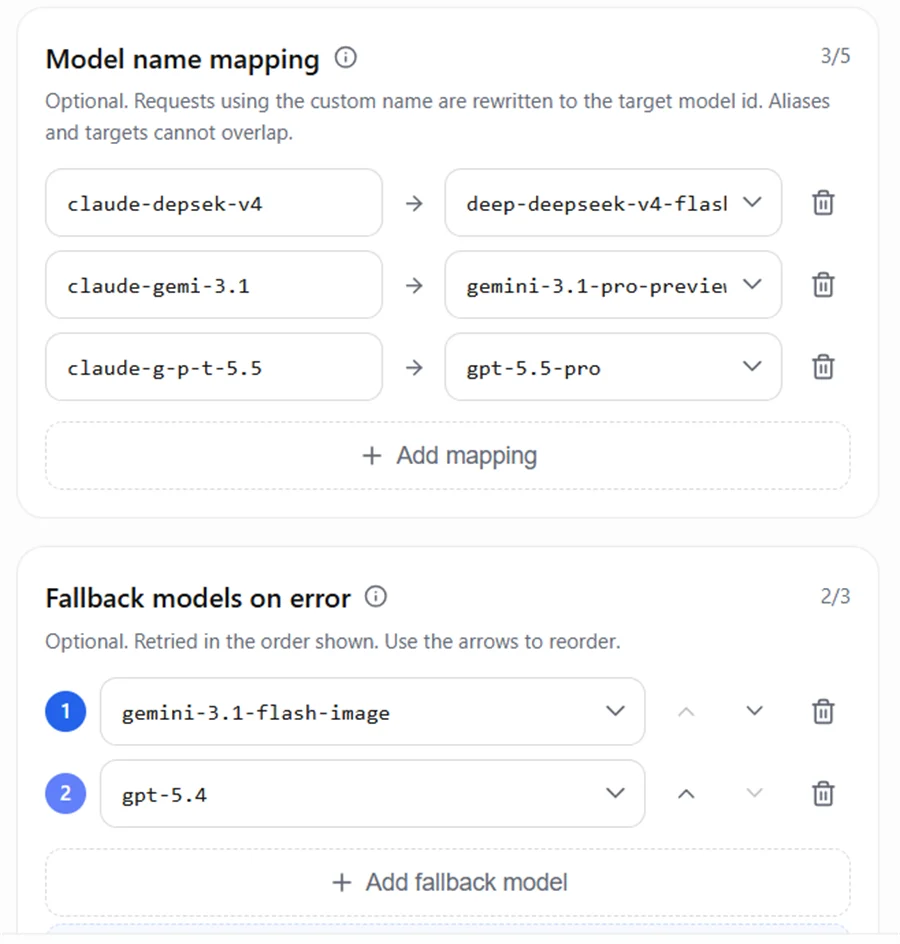 Configuración en el backend de AIHubMix del mapeo de nombres de modelo y de la lista de Fallback