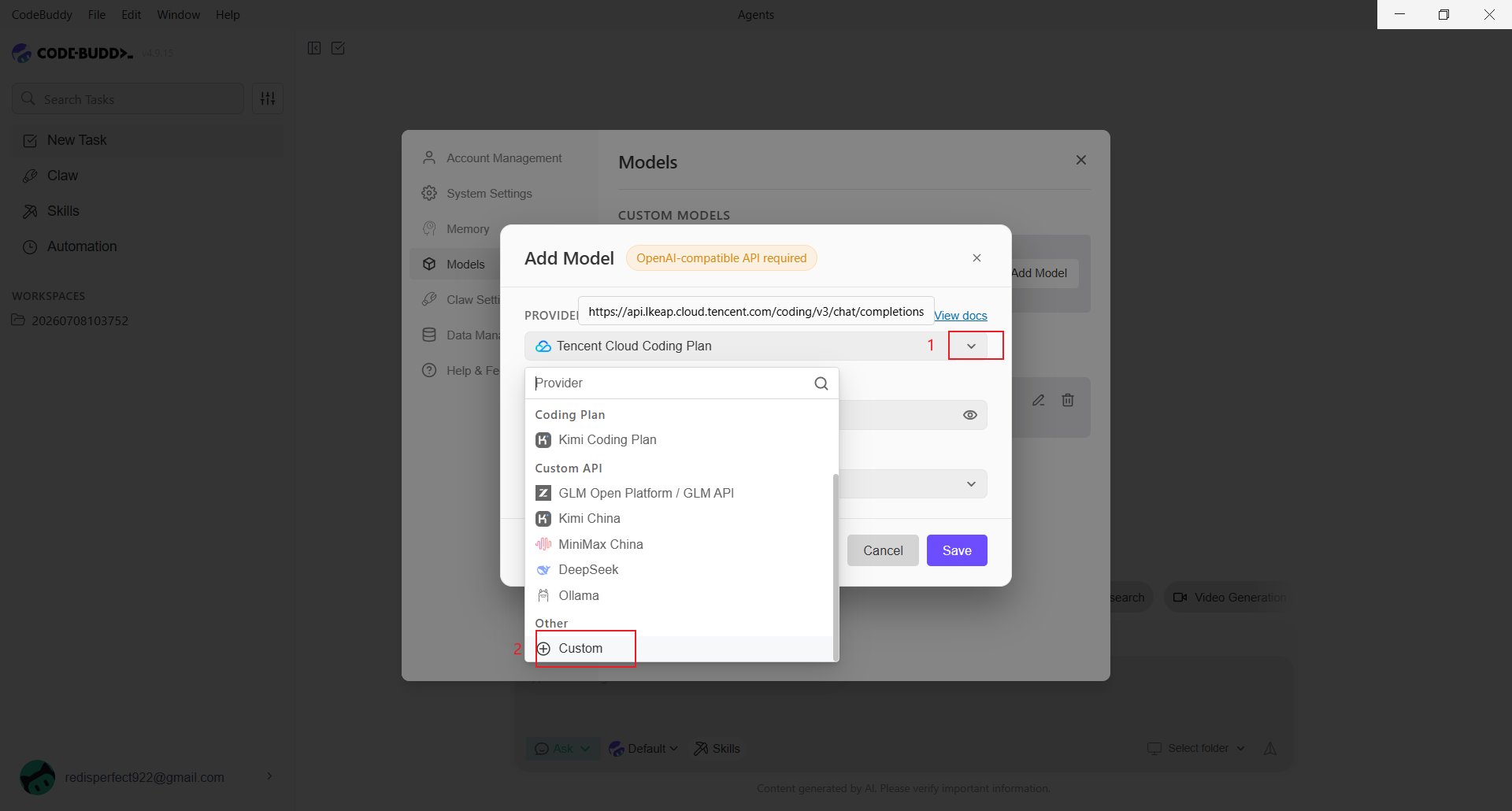 CodeBuddy 选择 Custom Provider