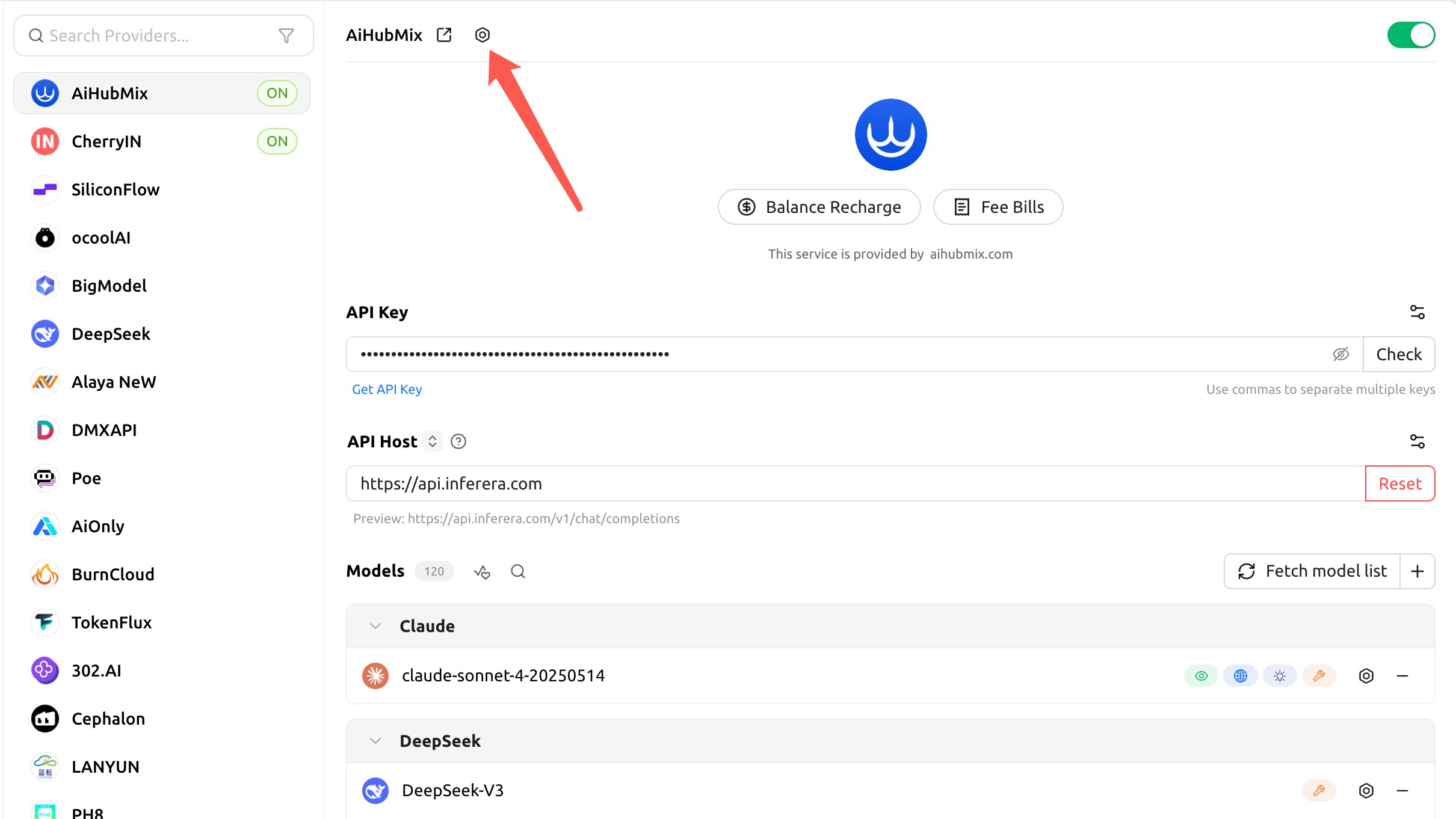 Aihubmix 공급자의 API 설정 열기