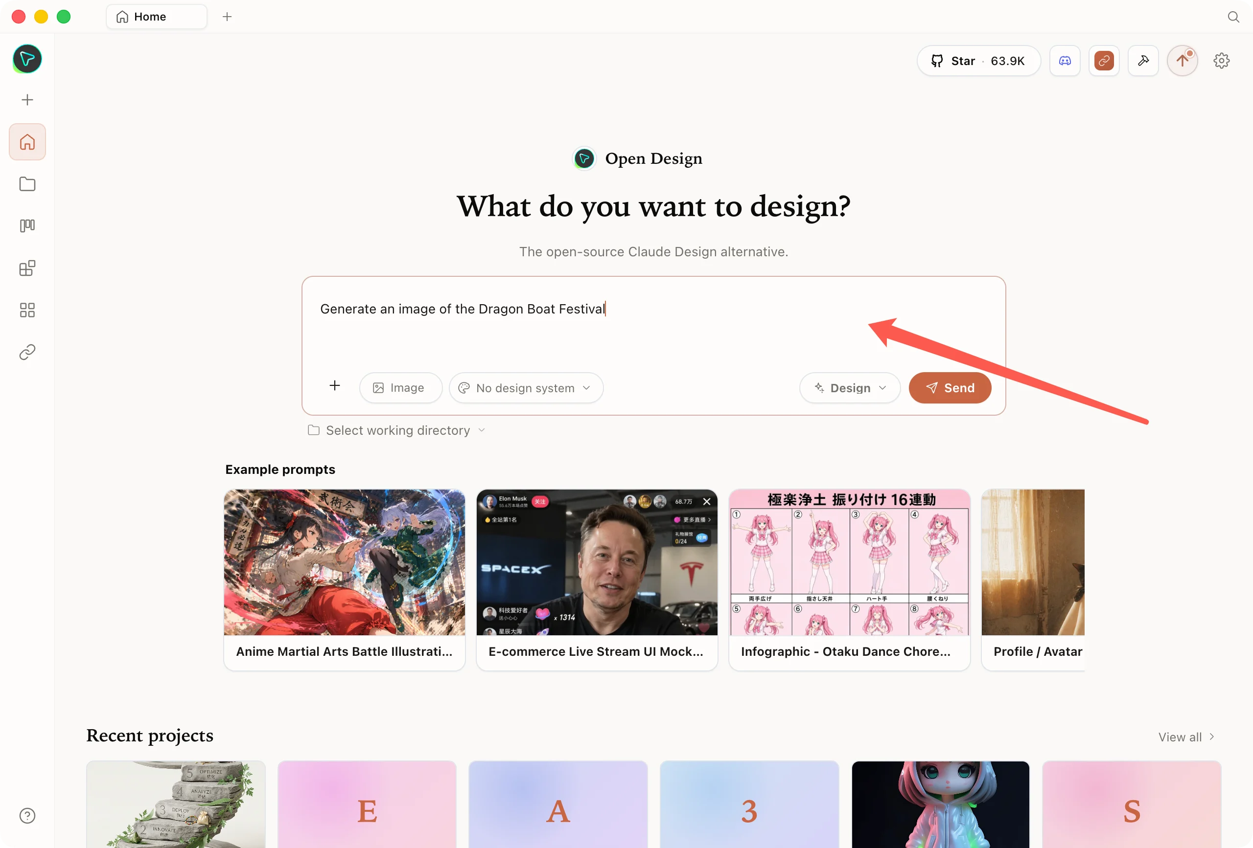 Switch to Image mode in Open Design and enter an image-generation request