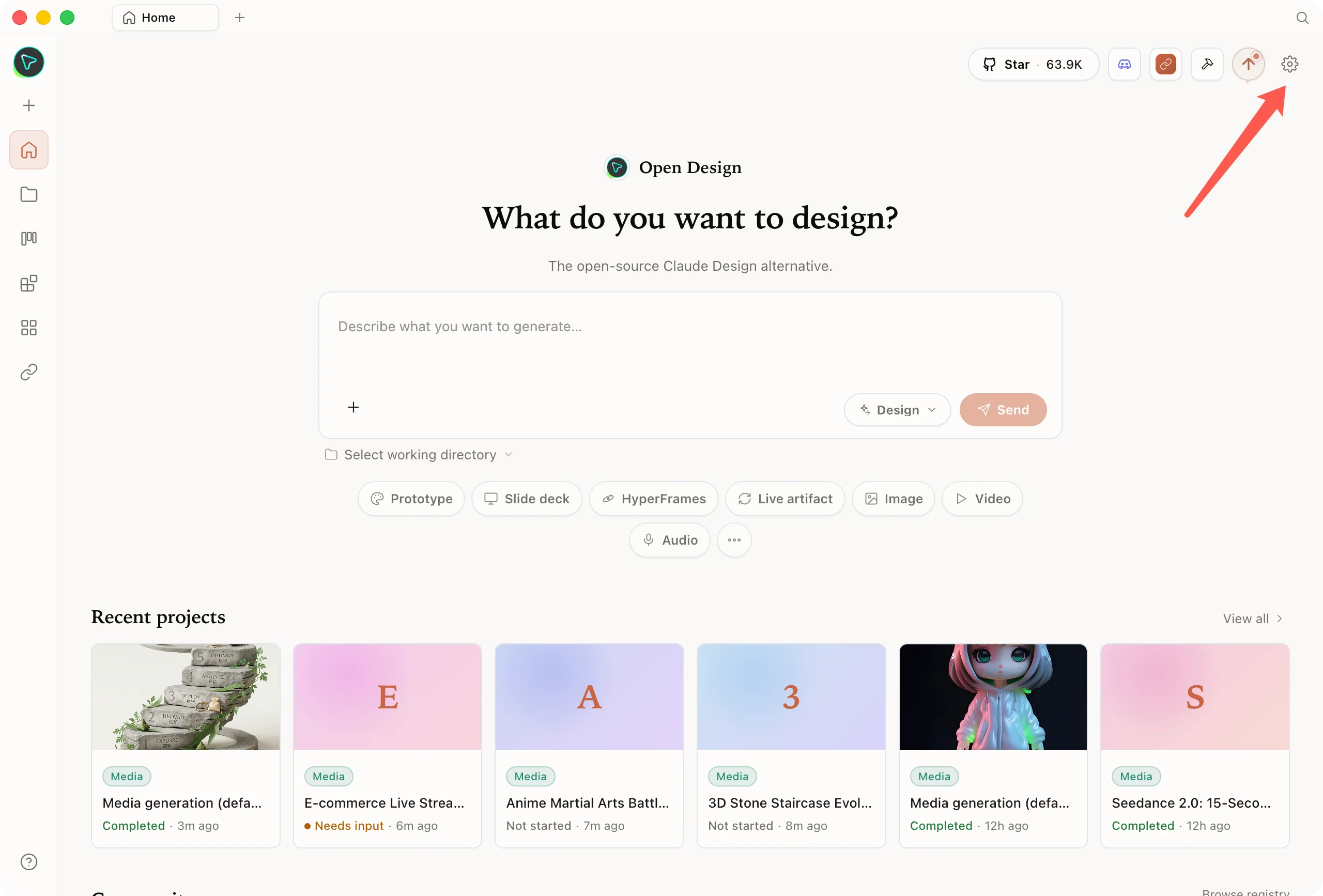 Click the gear in the top-right corner of Open Design to open settings