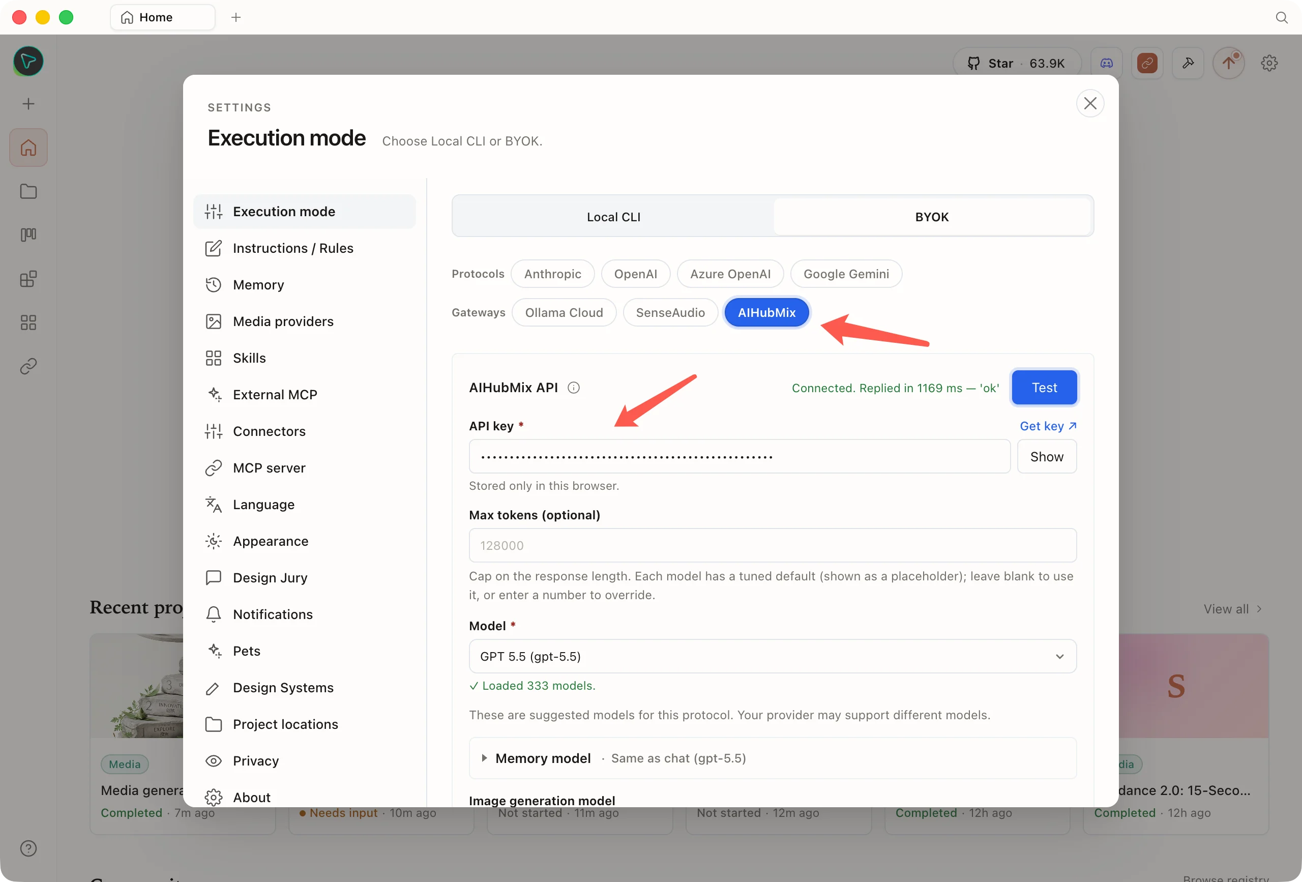 Choose BYOK under Execution mode and select the AIHubMix gateway