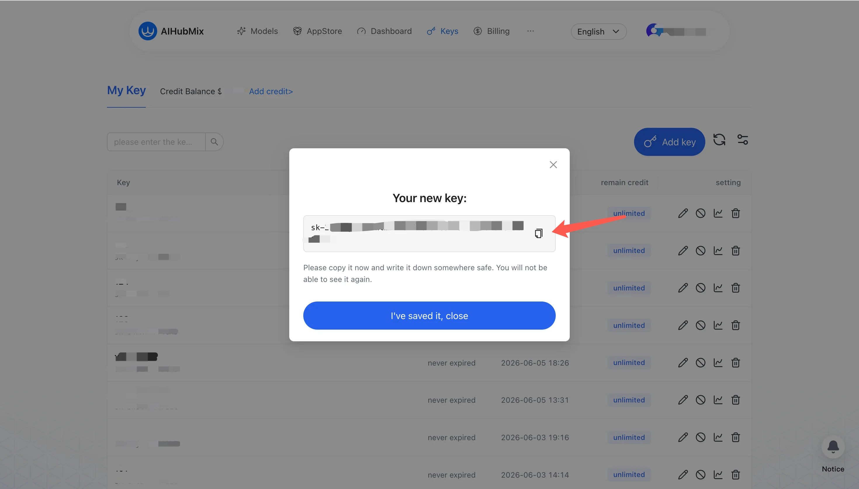 Create and copy an API Key beginning with sk- in the AIHubMix console