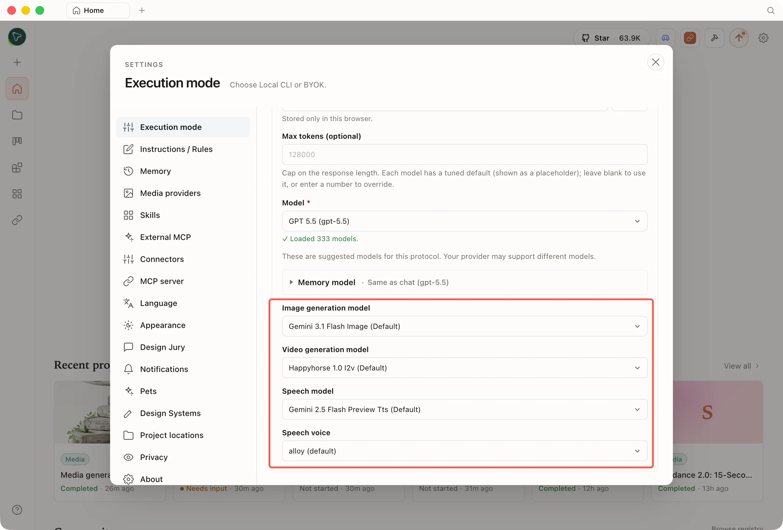 The default selectors for image, video, and speech models and voice inside the BYOK panel